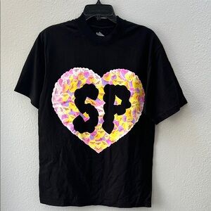 Strawberry Park Black Tee with Heart Graphic and 'SP' Small